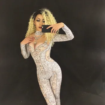 

Crystals Rompers Womens Sexy Nude Leggings Jumpsuit Costume Dance Stage Wear Bodysuit Women Singer Big Stretch Outfit Baalmar DS