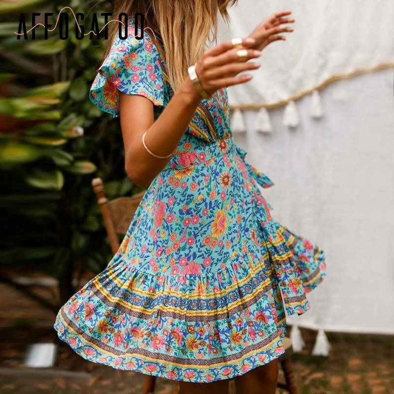 

Affogatoo Elegant ruffle V neck floral print boho dress women High waist pleated summer dress Casual beach mini dress femme 2019