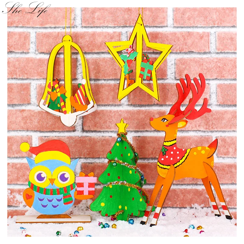

Children DIY Coloring Blank Wood Board Painting Graffiti DIY Christmas Tree Pendant
