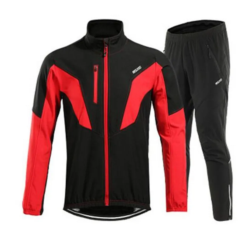 ARSUXEO Тепловая велосипедная куртка, зимняя теплая флисовая велосипедная одежда, ветронепроницаемая спортивная куртка для бега, штаны, комплект MTB, велосипедная майка - Цвет: Red Set