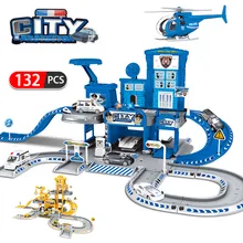 3D City Police Station Railway Alloy Car Play Engineering Fire Truck Track Car DIY Model Building Kits Assembly toys for kids