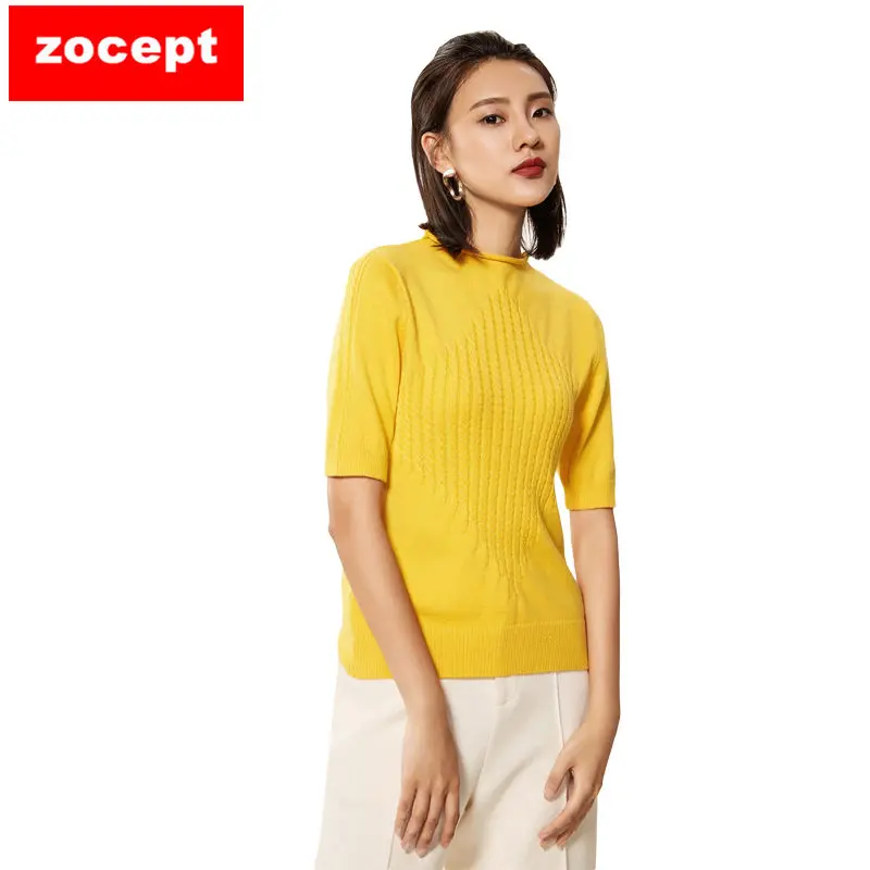 

zocept 2018 Spring Autumn Summer Women Cashmere Blend Sweater Tees Knitted Striped Diamond Pattern Short Sleeve O-Neck Pullovers