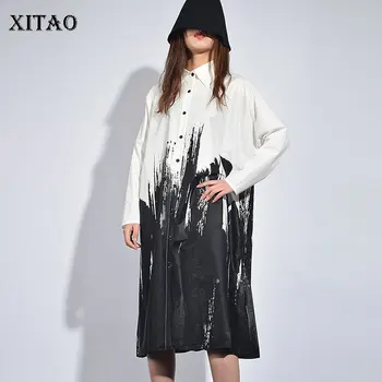 

[XITAO] Single Breasted Women Korea Fashion 2019 Spring Summer Turn-down Collar Full Sleeve Pattern Knee-length Dress LYH3102
