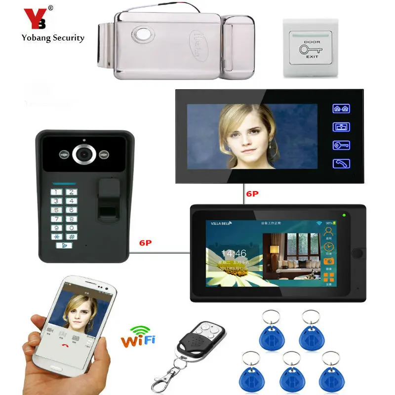 Yobang Security 7\ 2 Monitors Wired /Wireless Wifi Video Door Phone Doorbell Intercom System with Fingerprint RFID Password Cam