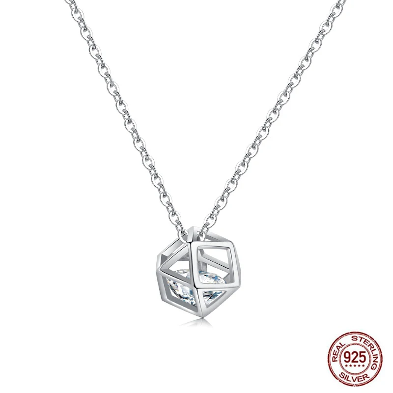 

Women Necklace Fashion Jewelry Female Cube Crystal Clavicle Chain 925 Sterling Silver Geometric Face Ball Hollow Women Necklace