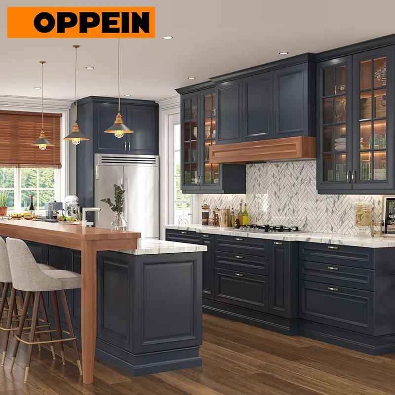 

OPPEIN Designer Kithchens Navy Blue Big Kitchen Cabinets with Island