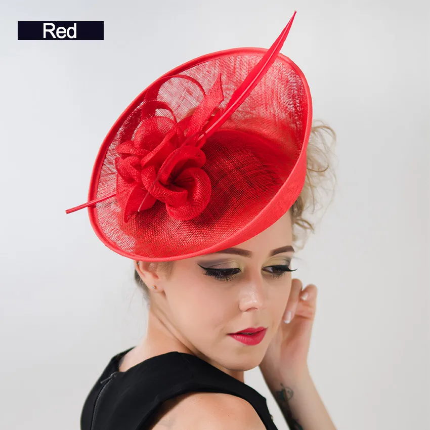 Элегантная Леди Мода Галстук украшение с перьями шляпка Sinamay, женская обувь с цветочным рисунком на свадьбу Sinamay шапка, красного, розового, ярко-синего цвета - Цвет: red