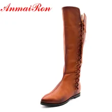 ANMAIRON/пикантные женские ботинки кожаные ботинки черного цвета ботинки на низком каблуке-шпильке мотоботы на шнуровке с острым носком Большие размеры 34-43