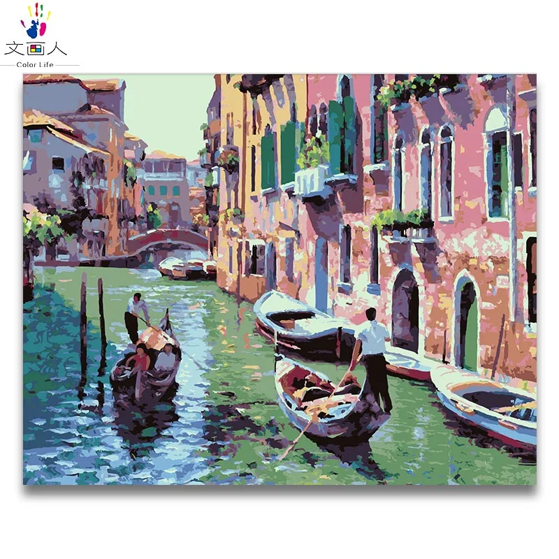 

European building alley boat painting by numbers with paint kits on canvas drawing for coloring by numbers living room decor