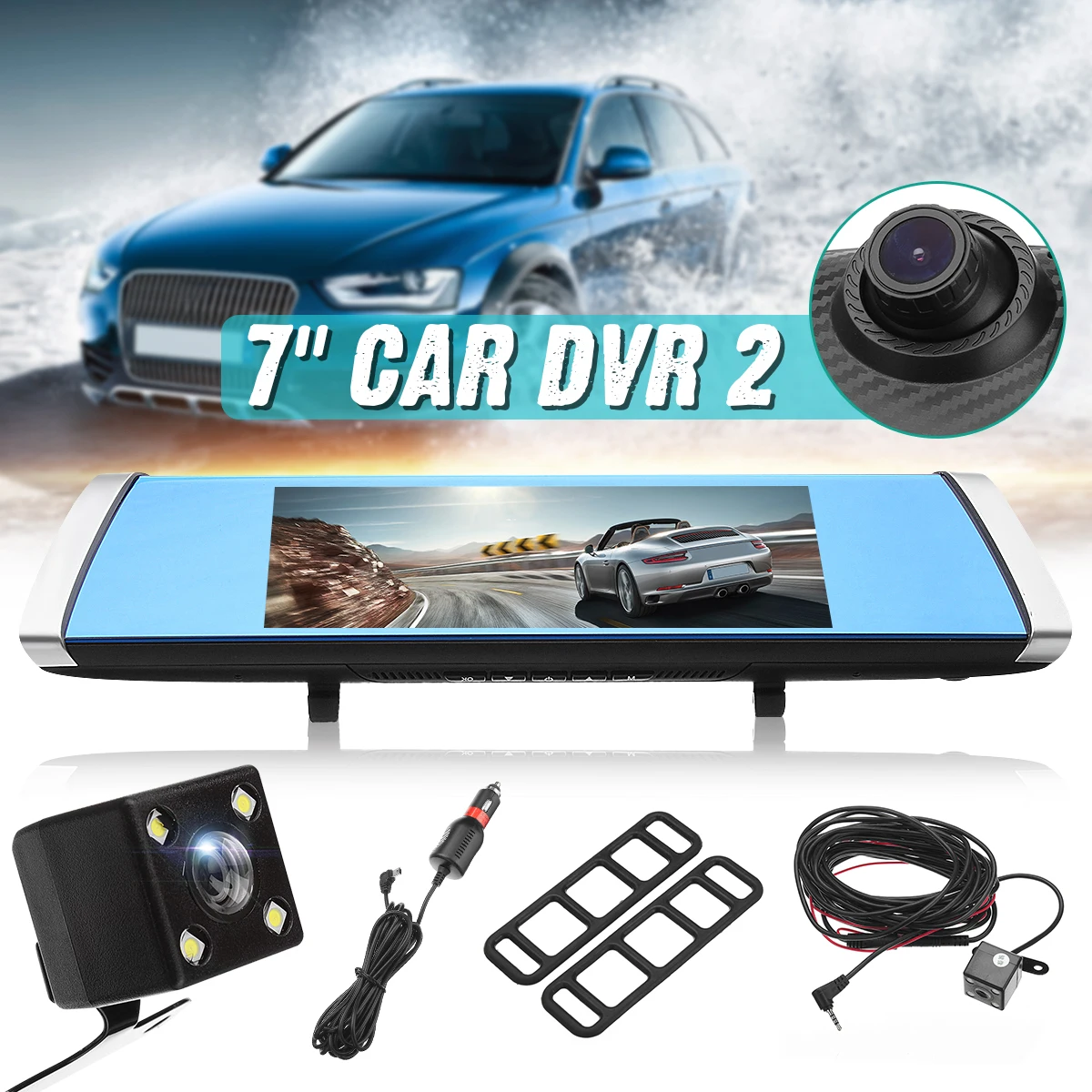 

7 Inch Full HD 1080P 170 Degree Car DVR Camera Blue Rear View Mirror Video Recorder Dual Lens Registrator Dash Cam Detector