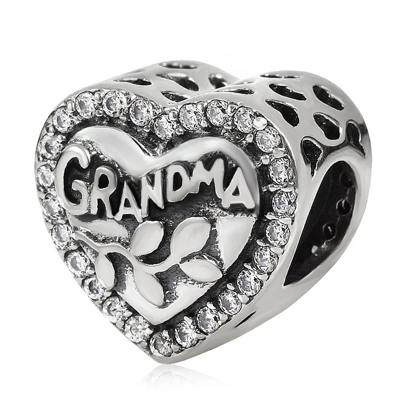

Mother's Day Gift 100% Authentic 925 Sterling Silver Grandma Heart Shape Charm Beads fit for Pandora Bracelets Necklaces