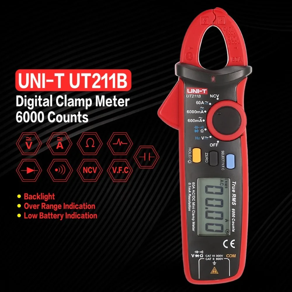 

UT211B Mini Digital Clamp Meter Multimeter True RMS High Resolution AC/DC Volt Amp Ohm Capacitance Diode Tester