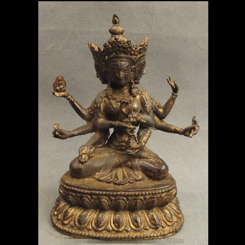 

48843272 Folk Tibet Bronze buddhism 3 Head 8 Arms Ushnishavijaya Namgyalma Buddha Statue