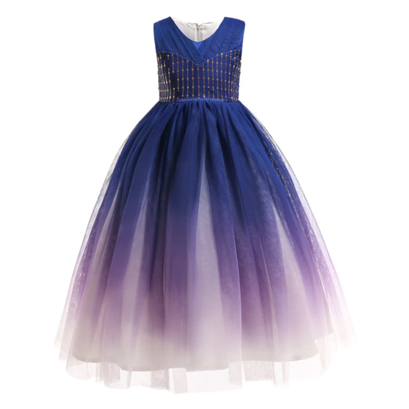 Детское высококачественное длинное платье с блестками, платье с цветком для девочек, платье с градиентом для свадьбы, костюм подружки невесты для вечеринки подростковый выпускной
