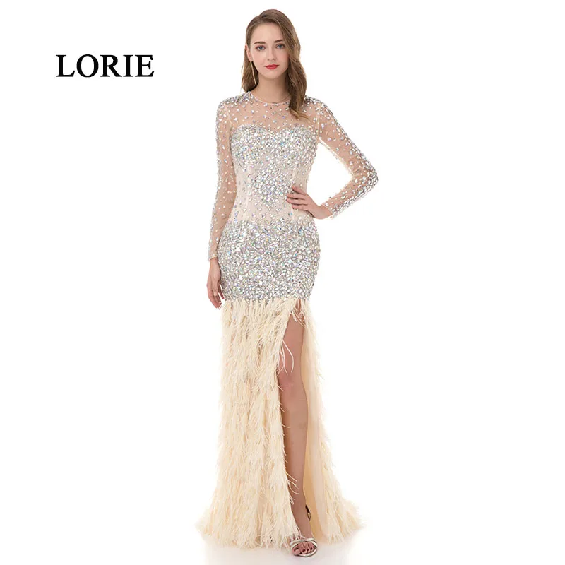 

LORIE Luxury Prom Dress Evening Dress with Crystals Mermaid Long SLeeve See Through Beaded Ostrich Feather Abendkleider vestido