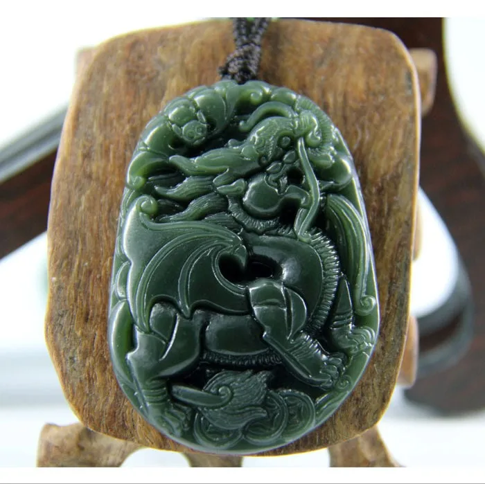 

natural carved Flying dragon luck amulet HETIAN jade pendant China QINGYU green necklace pendants