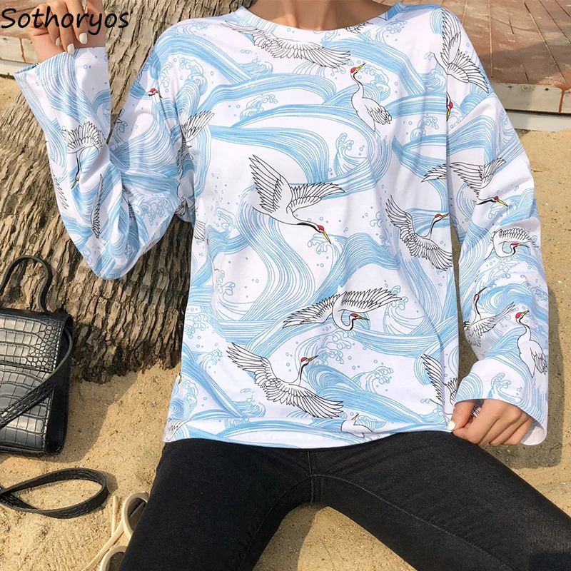 

T-shirts Women Long Sleeve Loose Printed O-Neck Womens T-shirt Chic Korean Style Fashion Tops Harajuku Student Girl Shirt Trendy