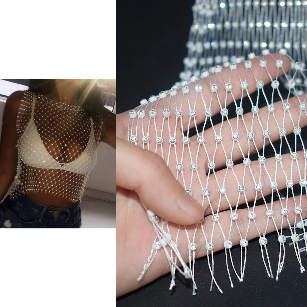 

1 yard 36*37 Row Fishing Net Line Stone Crystal Rhinestone Connection Net Fabric 2019 Ins Hot Designer Material white