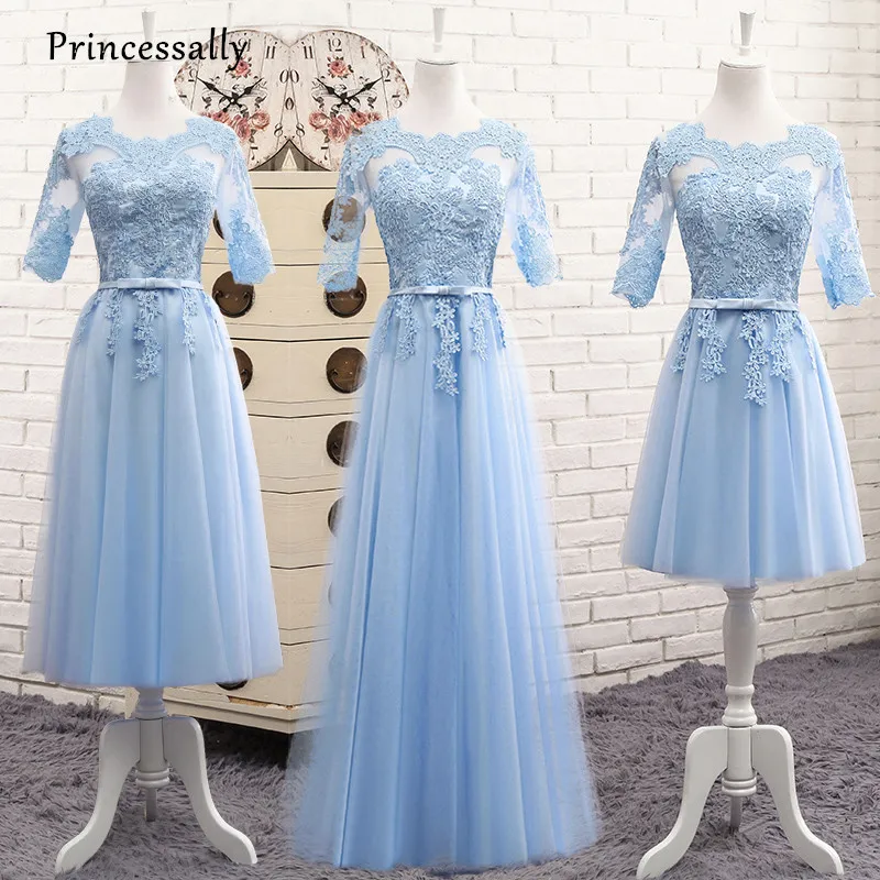 

Robe De Soriee Light Blue Bridesmaid Dresses Long Lace Illusion Scoop Applique Floor-length Elegant Formal Prom Party Bride Gown