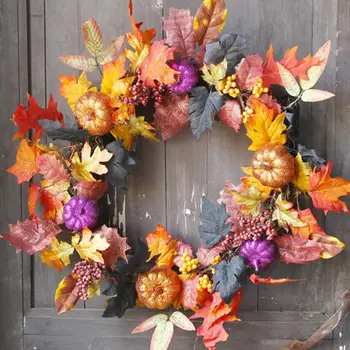 

60cm Halloween Thanksgiving Maple Wreath Door Hanging Halloween Vine Ornaments Halloween Berry Vine