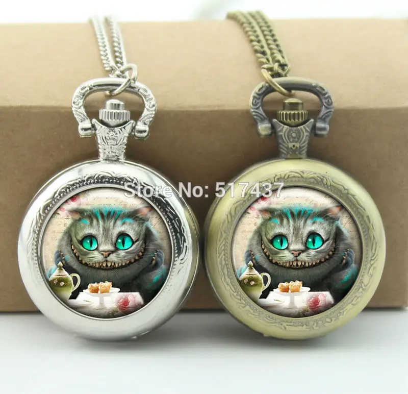 

Cheshire Cat Pocket Watch Glass Cabochon Locket Necklace Antique Pocket Watch Necklace
