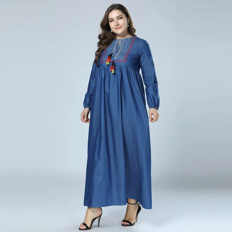 2018 New Autumn Embroidery Denim Fabric Abaya Muslim Jean Dress Moroccan dubai Kaftan islamic clothing Plus Size Blue Vestidos