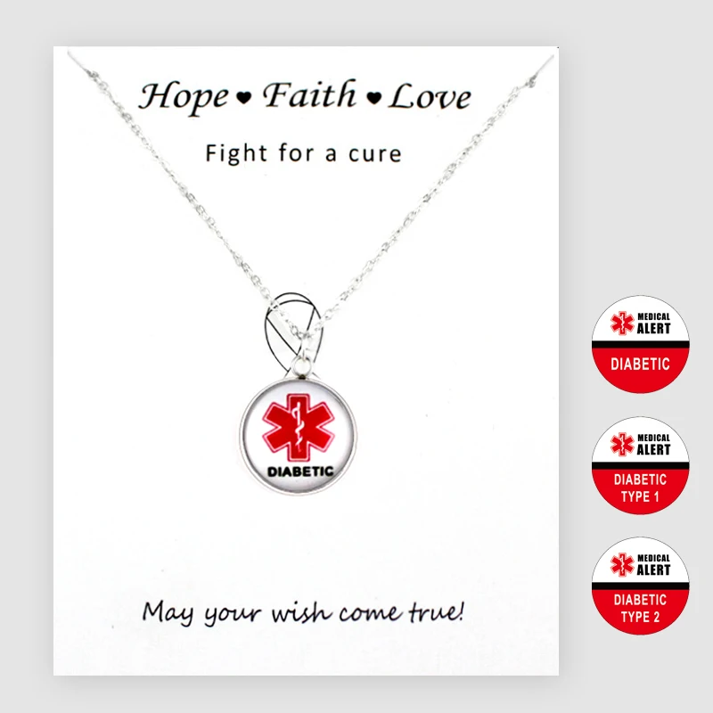 

Diabetic Type 1 2 Medical Alert Pendants Chain Necklaces Women Men Unisex Fashion Jewelry Friend Gift with Card Drop Shipping