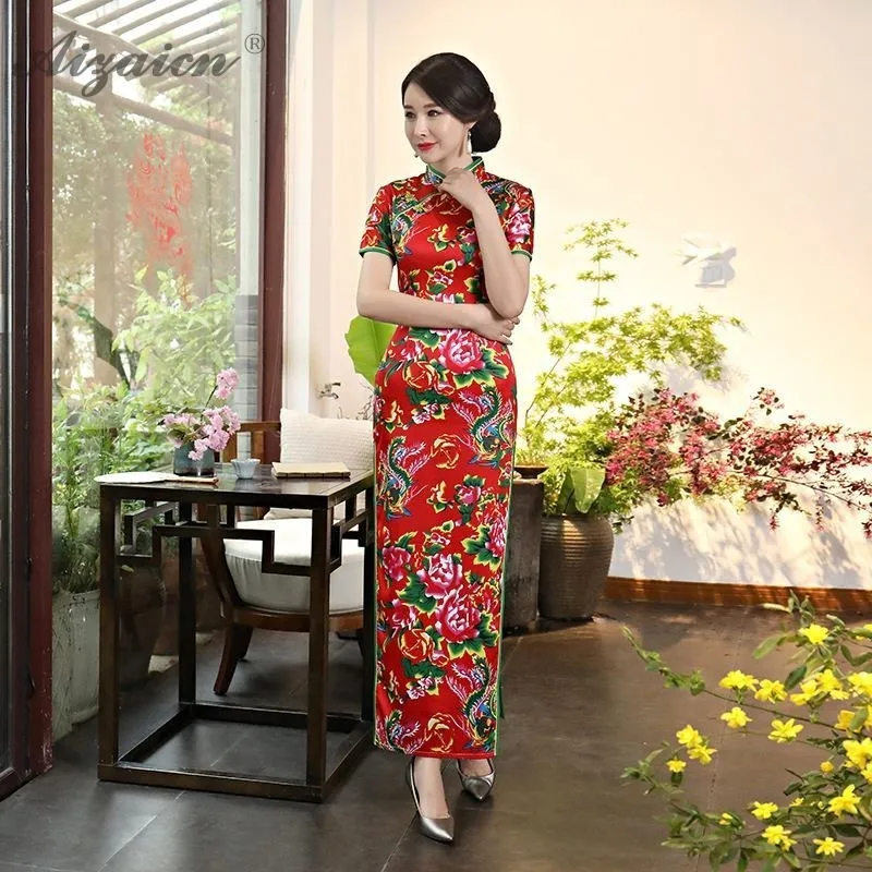 2019 новые летние печати Длинные Cheongsam современный Chinoise Зеленый Мать Ци Пао для женщин китайское традиционное платье Женская Роба в