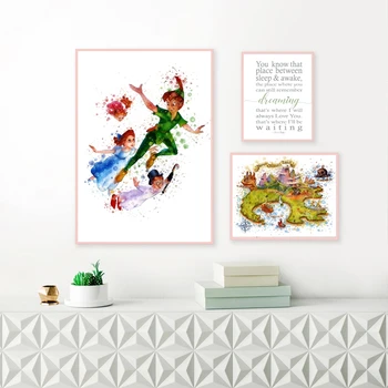 

Never Never Land Map Nursery Boy Print Watercolor Peter Pan Quote Map Poster Baby Playroom Wall Art Decor Canvas Painting