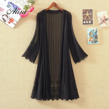 

3xl Plus Size Women Lace Medium Long Thin Coat 2018 Summer Flare Sleeve Patchwork Open Stitch Female Casual Loose Shawl Coats