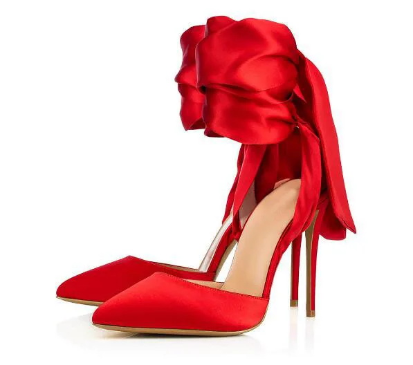

Summer new ladies satin red/black pointed toe high heels Woman thin heel dress shoes Party shoes red wedding shoes SIZE34-43