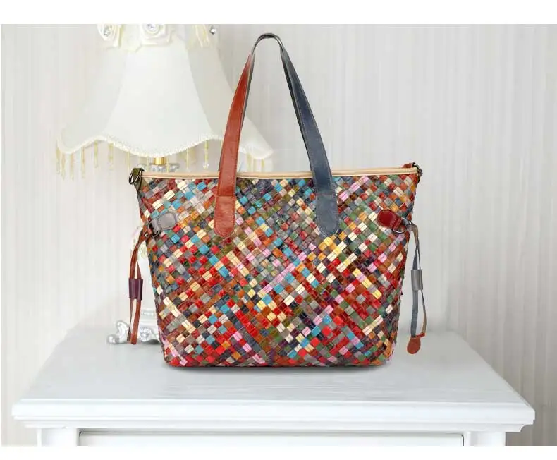 Genuine Leather Handmade Women's bag  Knitted  Colorful  Shoulder  Bag Strap satchel cow skin handbags (3)