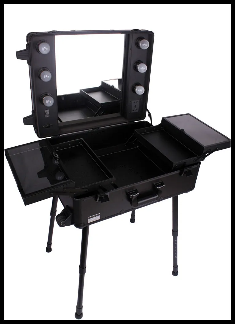 

Aluminum Makeup Station case with lights and 4 Legs