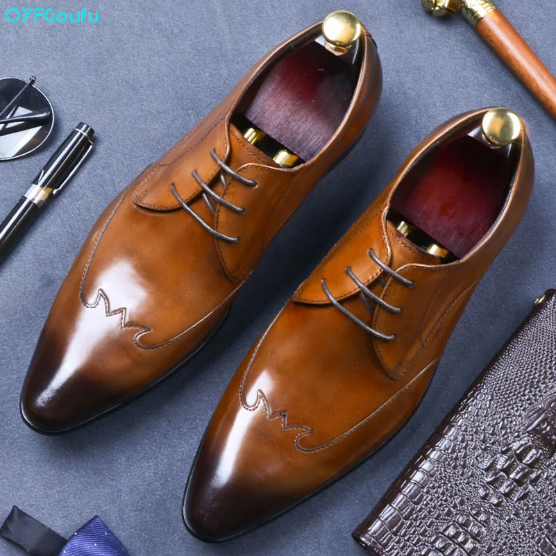 QYFCIOUFU/Роскошные итальянские мужские туфли из натуральной кожи черного цвета и цвета хаки свадебные туфли оксфорды деловой костюм на