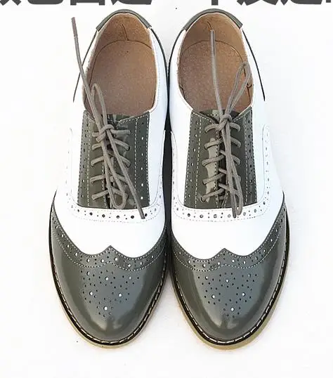 Мода в винтажном стиле оксфорды из натуральной кожи на шнуровке ботинки на плоской подошве обувь для женщин большие размеры повседневные башмаки - Цвет: Gray  white