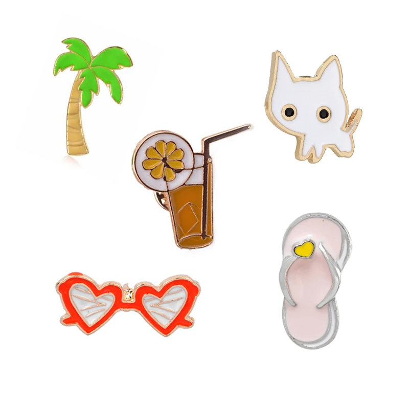 

Hot Sale Creative Cat Coconut Tree Orange Juice Sunglasses Slipper Mini Enamel Brooches Beach Style Shirt Collar Brooch Pins