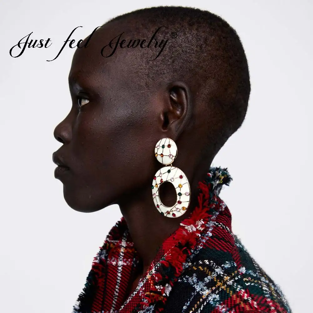 

JUST FEEL Round Circle Drop Earrings For Women 2018 Fashion New Za Crystal Vintage Statement Charm Female Dangle Earring Jewelry