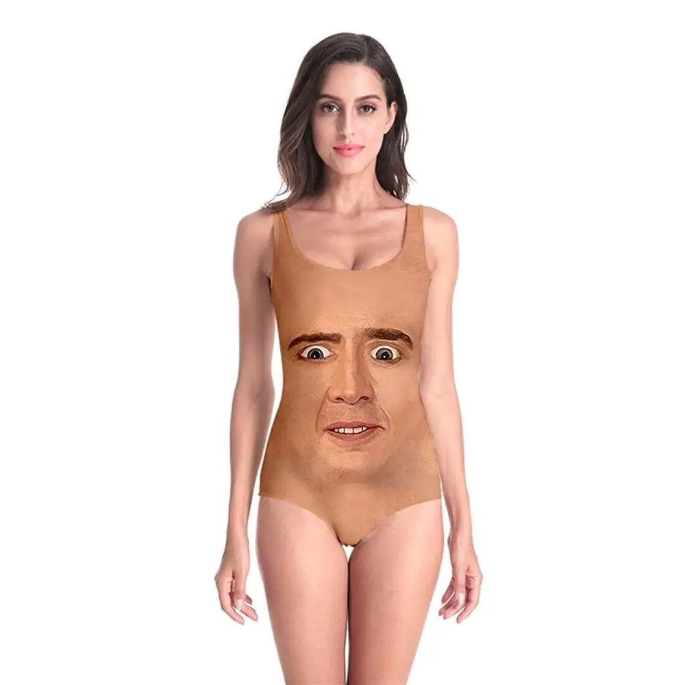 New Sleeveless Swim Suit Sexy 3D Beach Style Suit Printed Girl Swimsuit One Piece Swimwear women Cosplay Nicolas Cage Funny-2