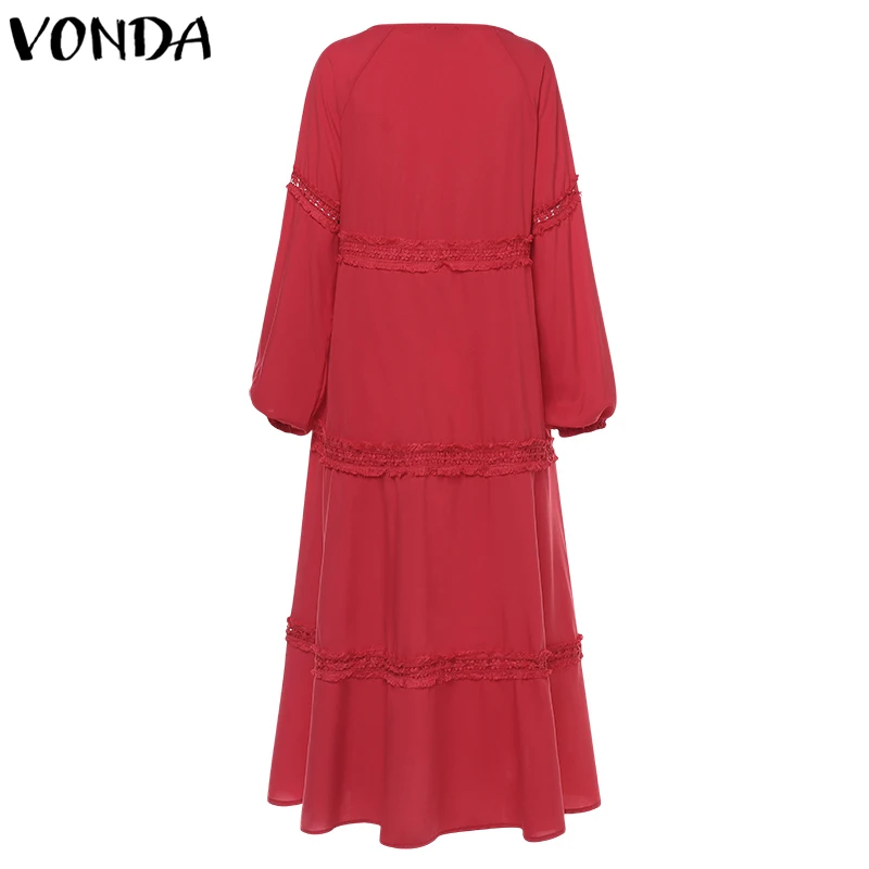 VONDA богемное женское длинное платье, осень, v-образный вырез, с вырезом, длинный рукав-фонарик, свободные платья, повседневное одноцветное платье размера плюс