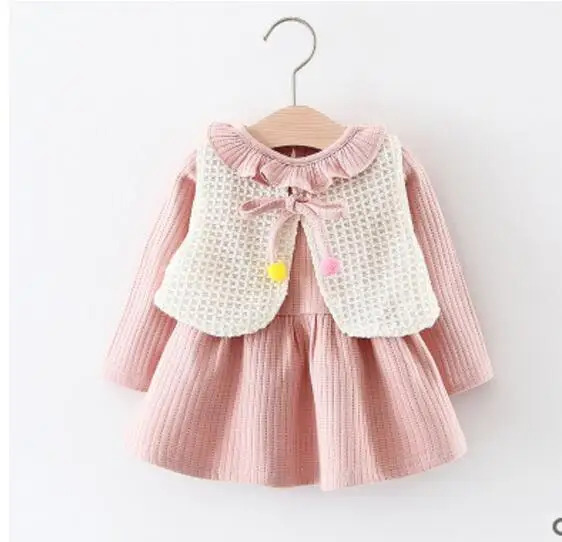 Весенняя Новинка для девочек в Корейском стиле платье принцессы От 1 до 3 лет для малышки Длинные рукава сплошной цвет детские детская одежда - Цвет: Розовый