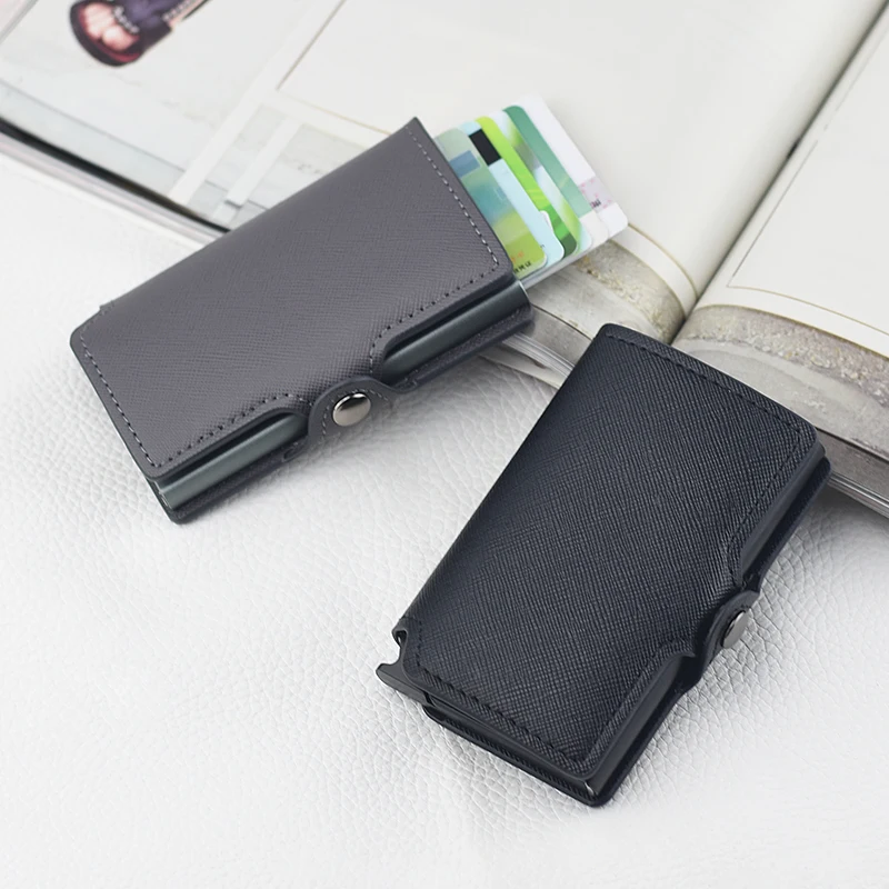 

Casekey Single Saffiano Cross PU Leather Coin Purse Aluminum Credit Card Holder Women Men Metal Wallet