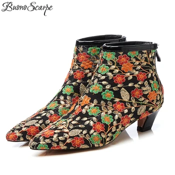 

BuonoScarpe Embroidery Women Retro Pointed Toe Pumps Shoes Mesh Genuine Leather Female Ankle Boots Woman Sexy Wedding Zip Shoes