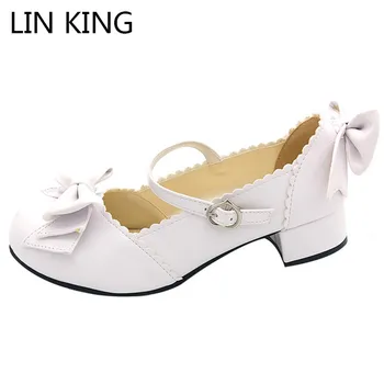 

LIN KING Casual Women Mary Janes Pumps Sweet Bowtie Lolita Shoes Square Med heel Pu Leather Shoes Lady Buckle Round Toe Shoes