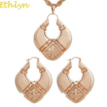 

Ethlyn Fashion Nigerian Hoop Earrings Pendant Necklace Women's Jewelry Sets Copper Rose Gold Color Bridal Jewelry Sets S88