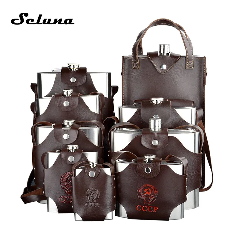 Seluna 18/48/64/88/108/128 Oz Нержавеющая сталь плоская фляжка набор CCCP кувшин обернутая