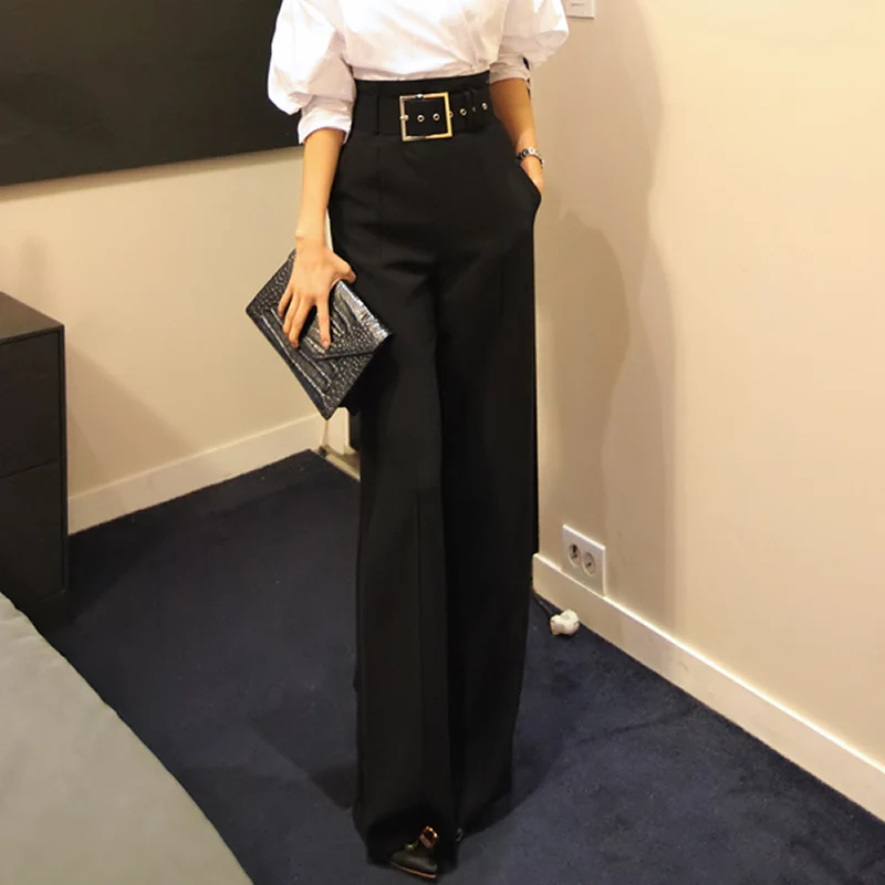 high waisted belted wide leg trousers