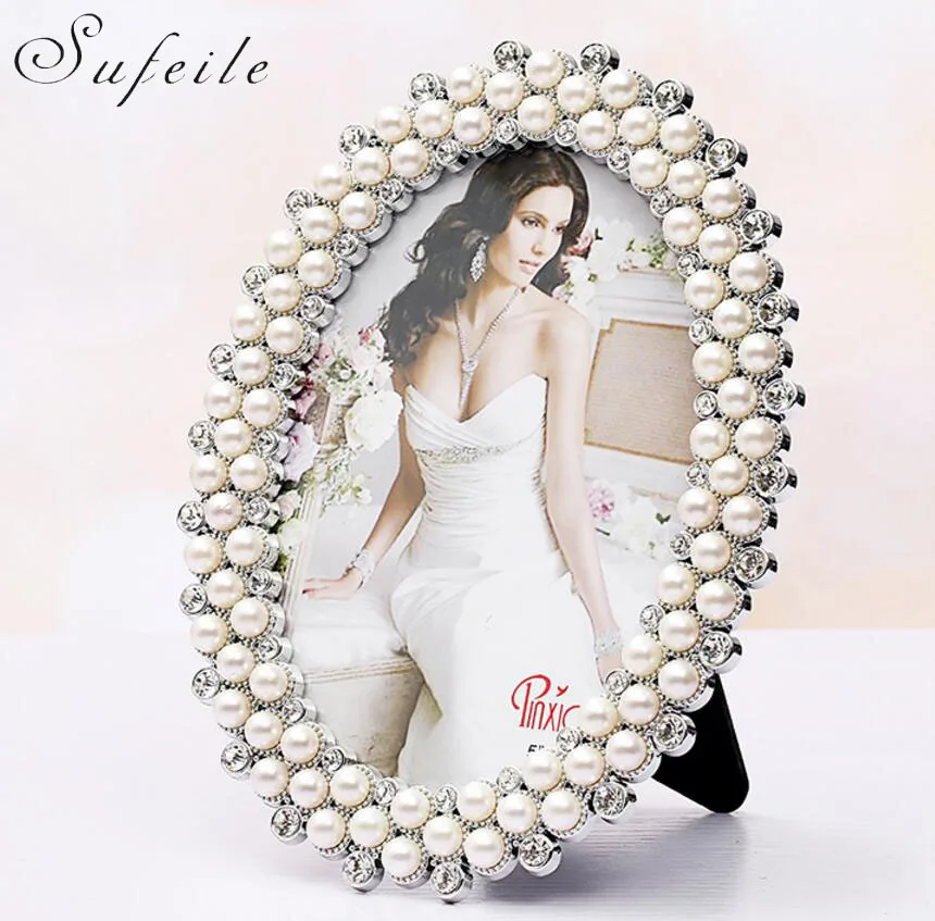 

SUFEILE European oval photo frame wedding photo double pearl diamond pendulum wedding gift 7 inch picture place on the table D20