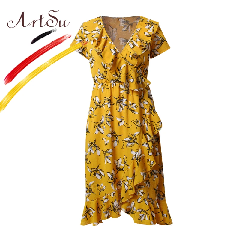 ArtSu النساء عارضة قصيرة الأكمام اللباس الصيف الخامس الرقبة الكشكشة مثير شاطئ Vestidos دي فيستا الأزياء الأزهار طباعة بوهو اللباس الأصفر