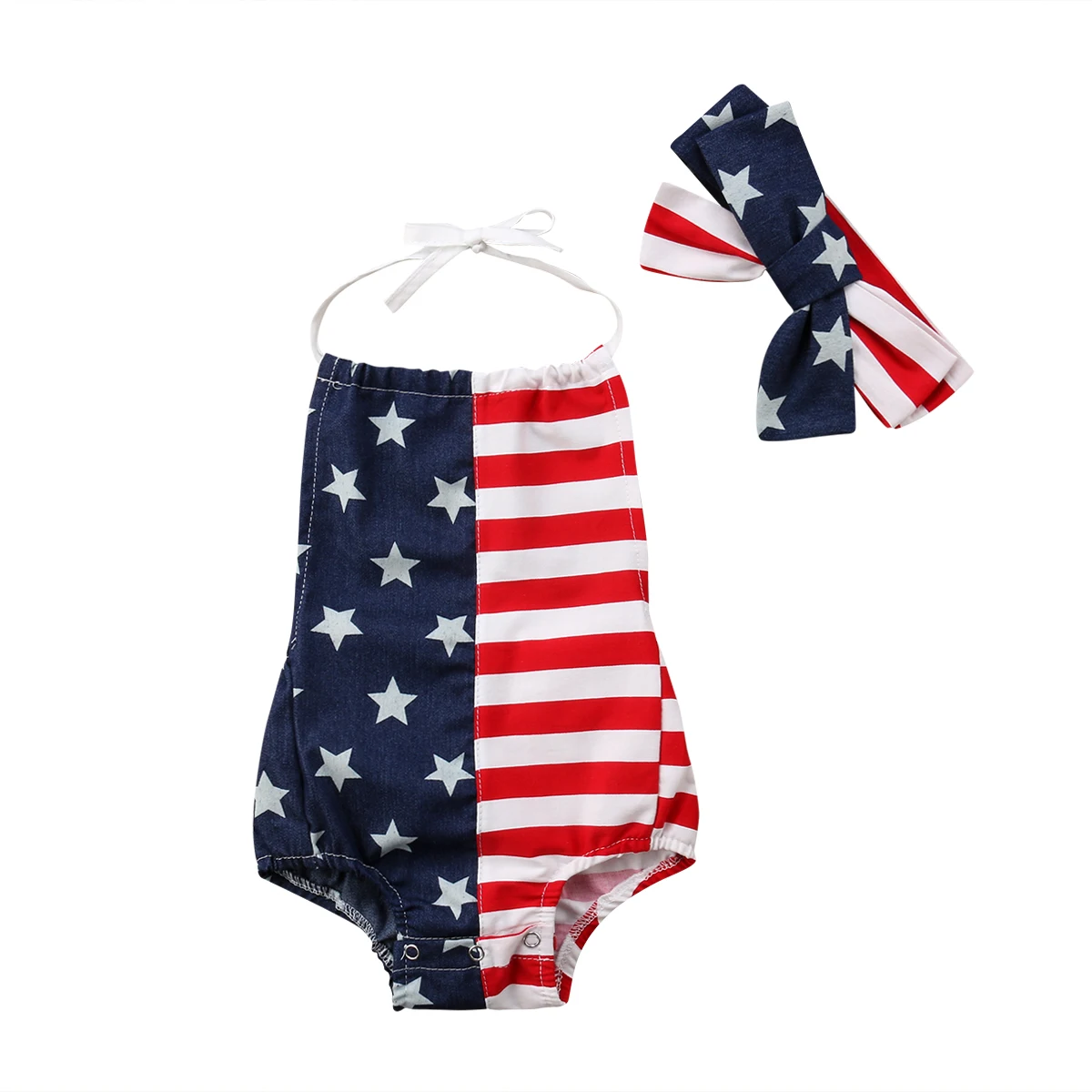 Newborn Baby Girl Flag Clothes 2Pcs Summer Jumpsuit Romper + Headband