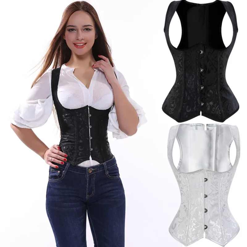 S 6XL Women's White Black Brocade Steel Boned Steampunk Tesla Underbust